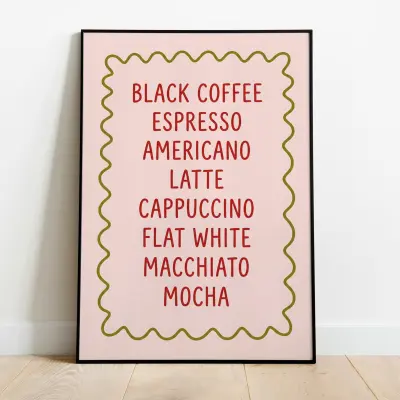 Poster Coffee List Barista Station Decor Kitchen Pink Green Aesthetic Art Print