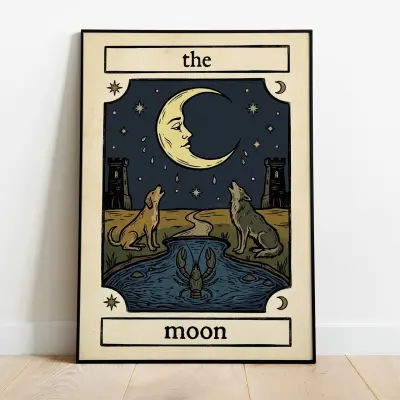 Tarot Moon Card Print Vintage Illustration Mystical Celestial Handmade