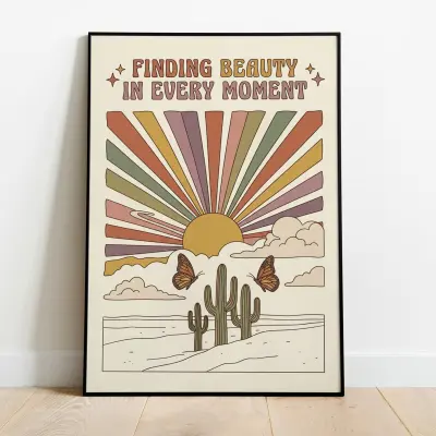 Poster Retro 70s Boho Psychedelic Sun Cacti Butterflies Quote