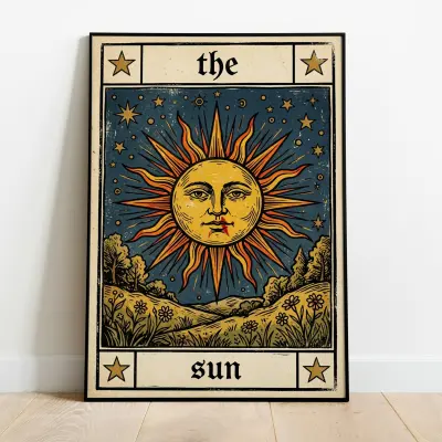 Tarot Card Print The Sun Mystical Celestial Illustration Vintage Style Poster