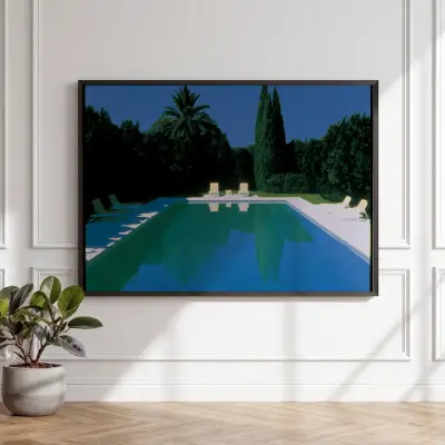 Ed Ruscha Style Poster Outdoor Pool in Backyard with Lounges Art Print