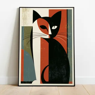 Abstract Cat Art Print Minimalist Line Drawing Geometric Shapes Contemporary Wall Decor Poster