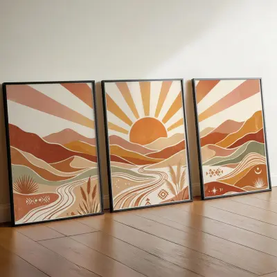 Set 3 Art Prints Sun Boho Style Abstract Wall Decor Poster Modern Cream Terracotta