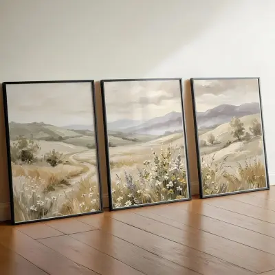 Triptych Art Print Set Abstract Countryside Landscape Oil Painting Style