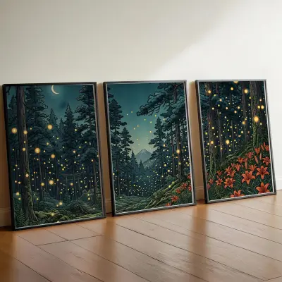 Set of 3 Art Prints Mystical Night Forest Ukiyo-e Style