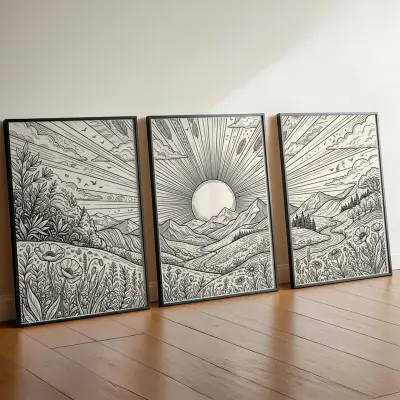 Set of 3 Boho Sunrise Line Art Prints with Long Rays in Middle