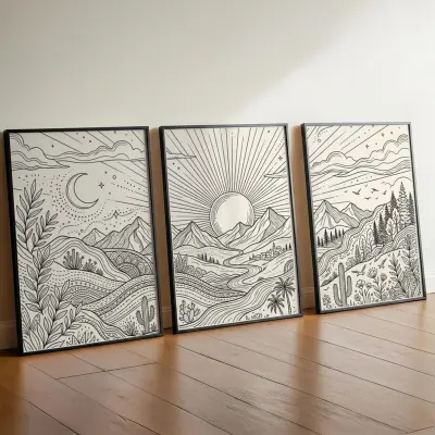 Set of 3 Boho Sunrise Line Art Posters Sun Long Rays