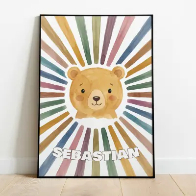 Personalized Art Print Bear Motif Colorful Sun Rays Watercolor Style