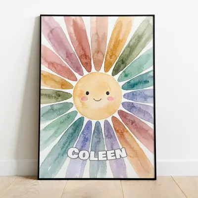 Personalized Art Print Sun Watercolor Boho Design with Own Name