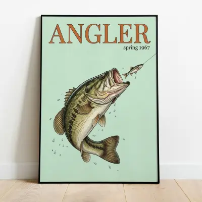 Angler Art Print Vintage Bass Fishing Illustration Largemouth Bass Motif 1960s Style