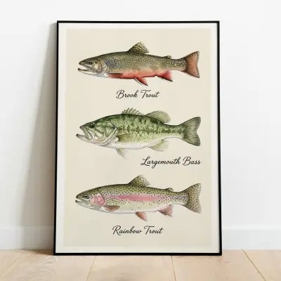 Trout and Bass Watercolor Print Set Cottagecore Fishing Decor Vintage Style Fly Fishing Poster