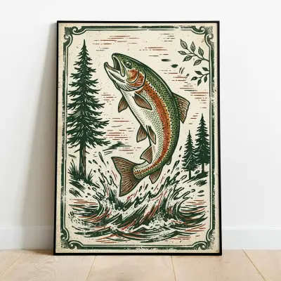 Original Trout Linocut Print Earthy Wildlife Art Handmade Relief Fish Poster