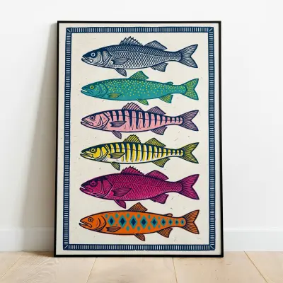 Linocut Art Print Six Colorful Fish Horizontal Stripes Maritime Mid Century Modern Design