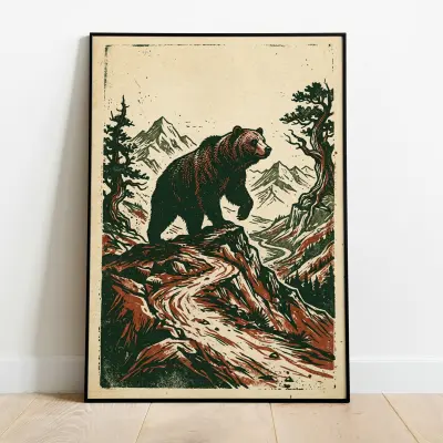 Linocut Art Print Grizzly Bear Motif Forest Green Rust Red