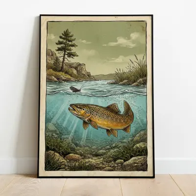 Vintage Trout Art Print Ichthyology Illustration Brown Trout Caddisfly River Field Guide Art