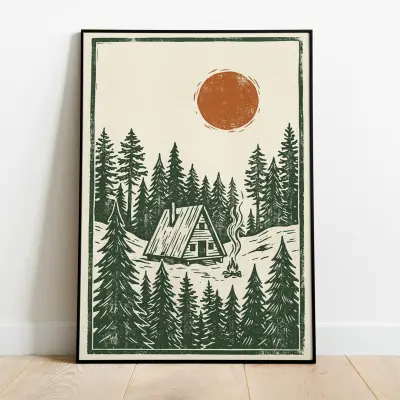 Linocut Wall Art Forest Cabin Woods Art Print Nature Rustic Vintage