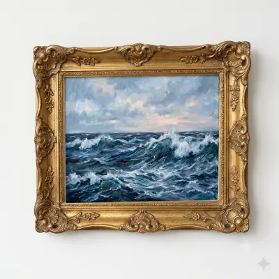 Oil Painting Art Print Turbulent Ocean Waves and Cloudy Sky in Impressionistic Style