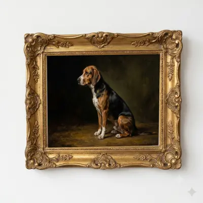 Oil Painting Art Print Tri-Color Hound Dog Facing Left