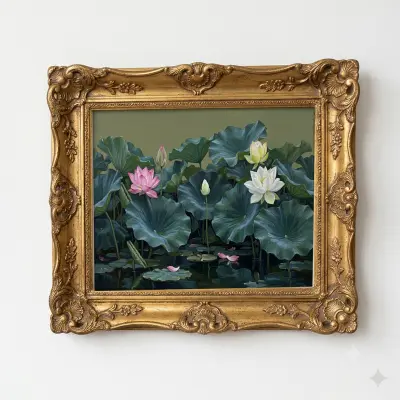 Oil painting art print lotus pond with pink and white flowers and water lily leaves