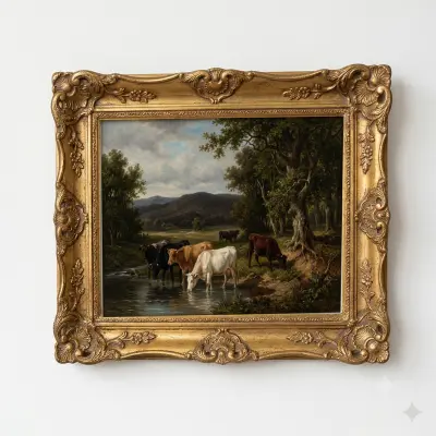 Oil Painting Art Print Pastoral Landscape with Cattle at River Crossing