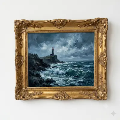 Victorian Seascape Painting Print with Solitary Lighthouse and Rugged Coastline