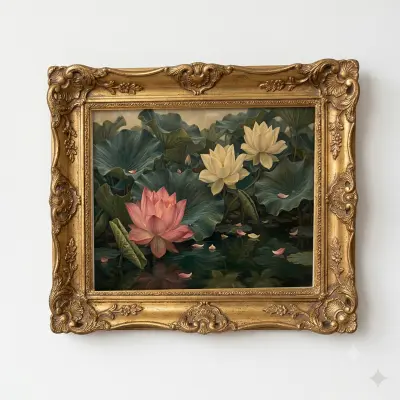 Oil Painting Art Print Lotus Pond Vintage Botanical