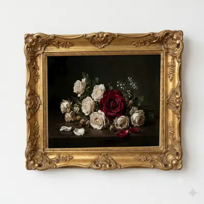 Art Print Still Life White Roses Dark Red Rose Painting Antique Chiaroscuro