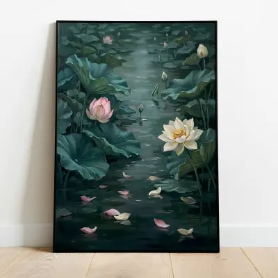 Fine Art Print Impressionist Lotus Pond Wabi-Sabi Aesthetic Japanese Garden Oil Painting Poster