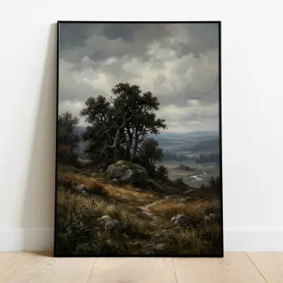 Tonalist Landscape Painting Art Print Gnarled Trees on Hill and Boulder in Storm