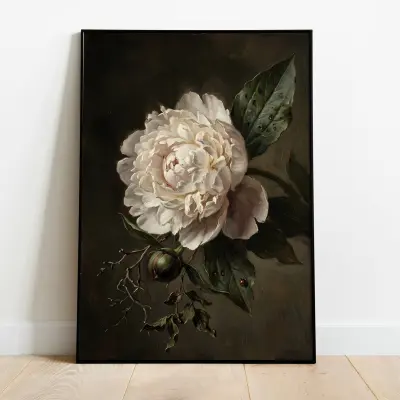 Oil Painting Poster White Peony Still Life Dark Background Old Masters