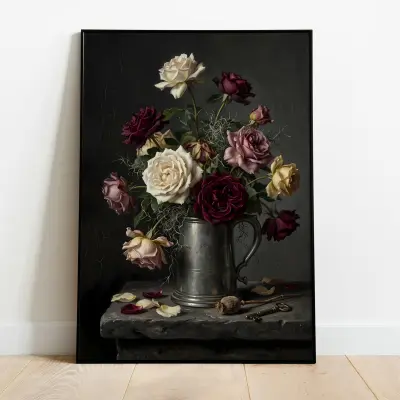 Art Print Antique Roses Vanitas Still Life Chiaroscuro Painting Pewter Tankard Key