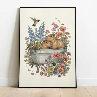 Art Print Vintage Capybaras in Botanical Bathtub Floral Motif Birds