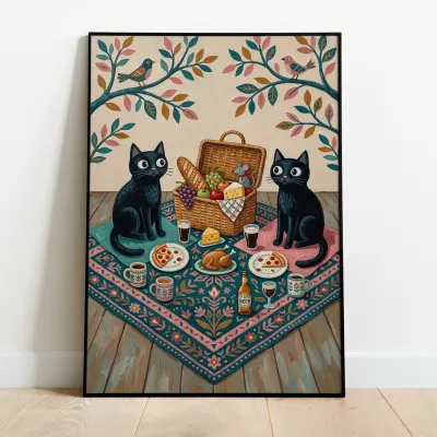 Folk Art Print Two Black Cats Picnic Pizza Kitchen
