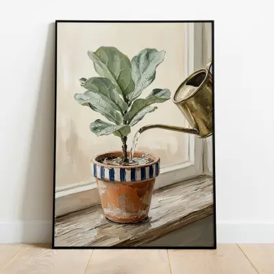 Fiddle Leaf Fig Art Print Textured Impasto Still Life on Linen with Brass Watering Can and Terracotta Pot