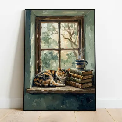 Impressionist Oil Painting Print Sleeping Calico Cat on Windowsill with Books