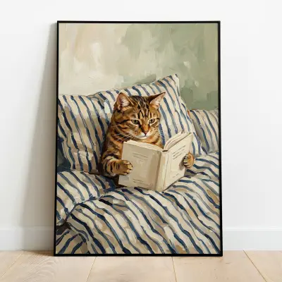 Tabby Cat Reading Book in Bed Art Print Expressive Oil Painting Style
