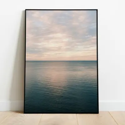 Misty Ocean Wall Art Calm Sea Sky Photography Pastel Coastal Horizontal Print Quiet Luxury Aesthetic