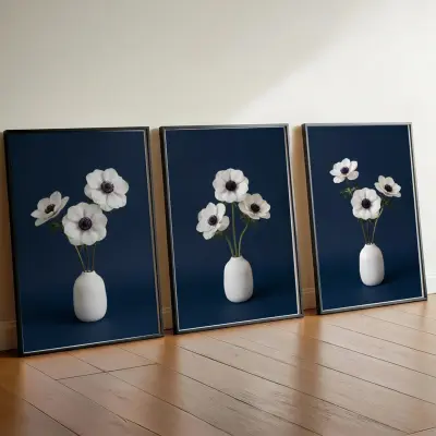 Anemone Art Print Minimalist Wildflower White Dark Blue Navy Wall Art
