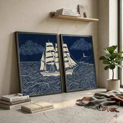 Linocut print tall ship sea maritime wall art nautical artwork