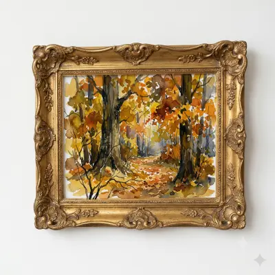 Poster Forest Walk in Autumn Watercolor Painting Art Print Woodland Path Expressive