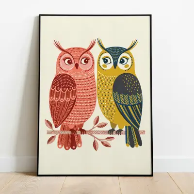 Owl Poster Colourful Folk Art Print Graphic Owl Illustration Whimsical Bird Wall Decor