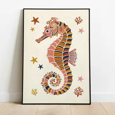 Seahorse Art Print Colorful Folk Illustration Coastal Poster Nautical Wall Decor