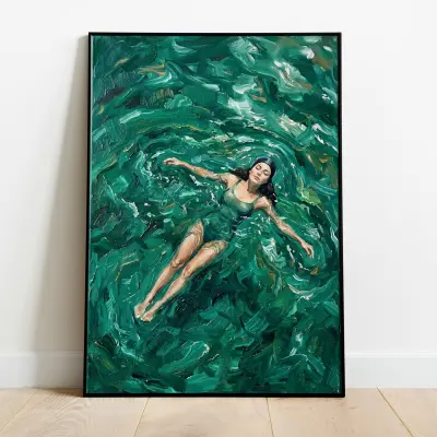 Art Print Impressionistic Woman Swimmer in Green Water Poster
