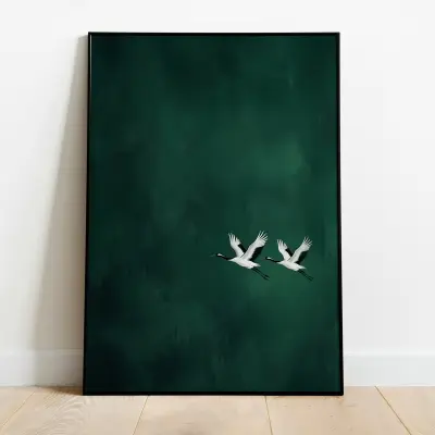 Minimalist Dark Green Crane Wall Art Abstract Two Flying Birds Painting