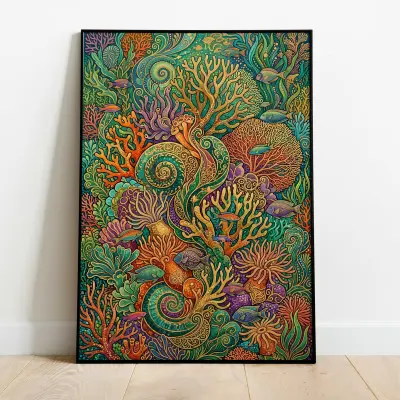 Art Nouveau Style Painting Coral Reef Underwater Mosaic Pointillist Art Print