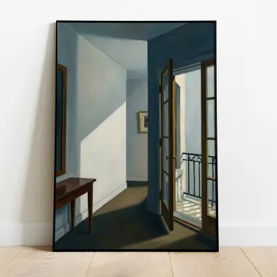 Edward Hopper Style Realist Painting Interior with Diagonal Shadow American Realism Art Print
