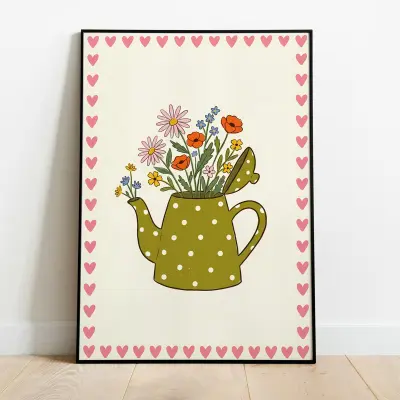 Kunstdruck Folk Teekanne Wildblumen Illustration Naive Kunst Olivegrün Rosa Weiß