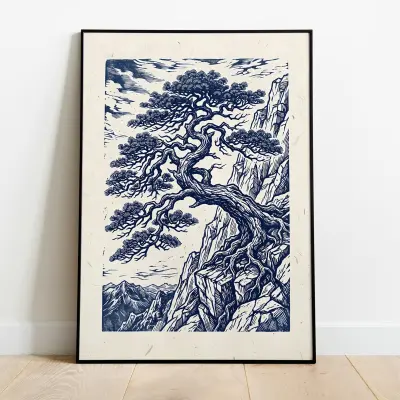 Linocut Art Print Monochrome Indigo Blue Pine Tree Rocky Cliff Japanese Style