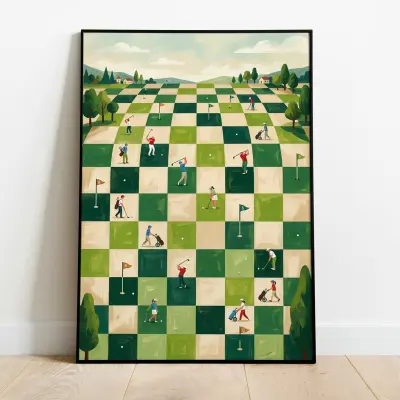 Checkerboard Golf Course Art Print Poster with Tiny Golfers and Caddies