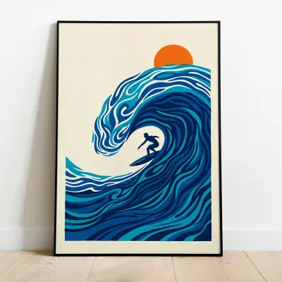 Modern Art Print Surfer Inside Abstract Blue Wave and Orange Sun